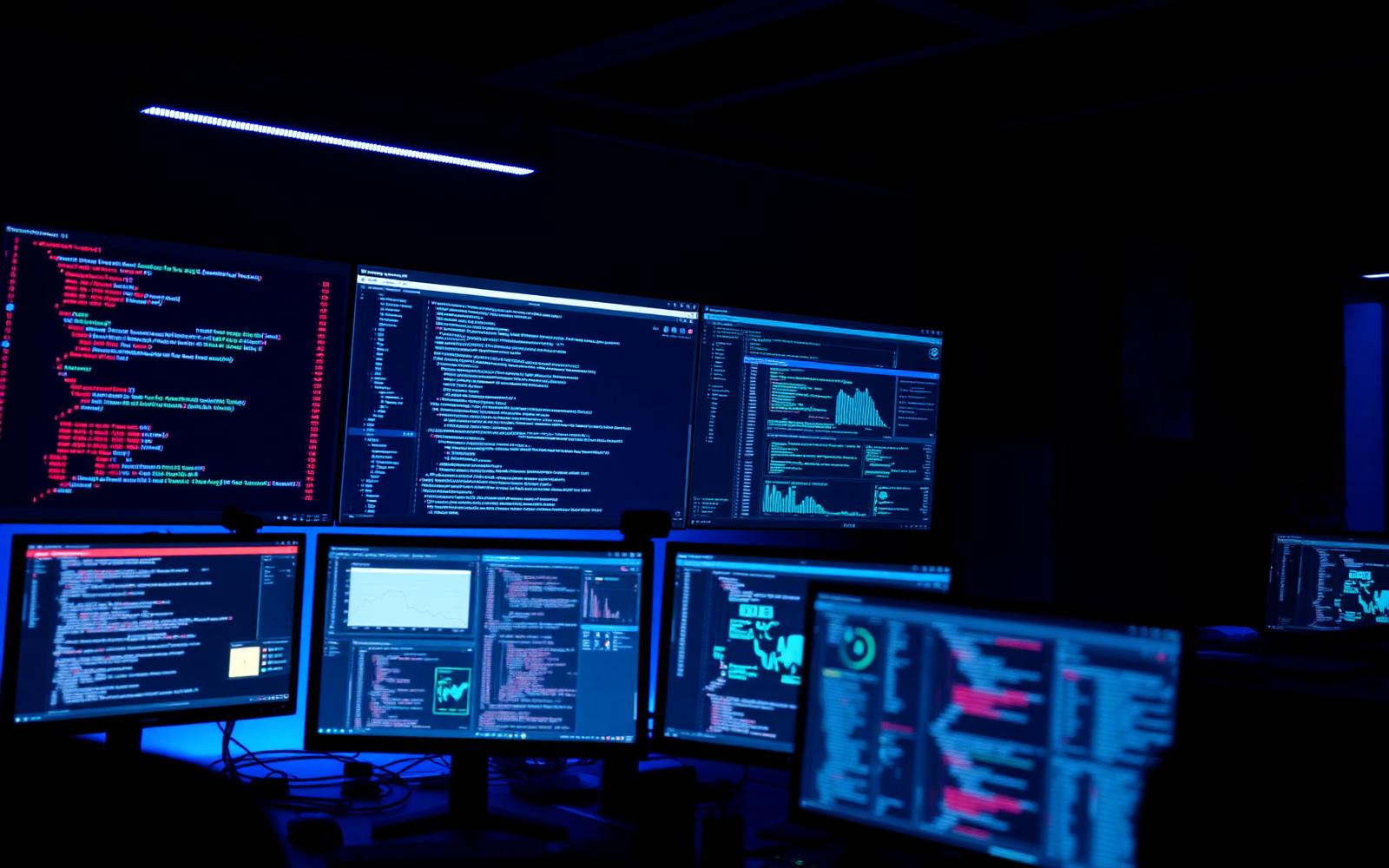Ambiente moderno de desenvolvimento com telas de código e dashboards